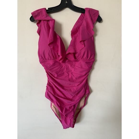 J.CREW Other - NWT J Crew Ruched Ruffle Plunged One Piece Swimsuit Womens 12 Pink Fuschia SEXY